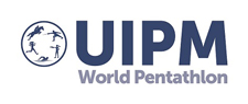 The logo of the Union Internationale de Pentathlon Moderne (UIPM) features a circular emblem on the left with five pictograms representing the sports of modern pentathlon: fencing, swimming, equestrian show jumping, running, and shooting. To the right, bold uppercase letters “UIPM” are written above the words “World Pentathlon” in a lighter font.