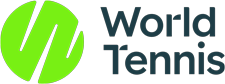 The World Tennis logo features a bright green circular emblem with two curved diagonal strokes beside the words "World Tennis" in dark blue