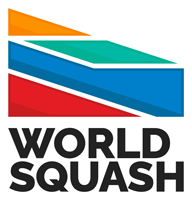 The World Squash logo features four diagonal bands in orange, teal, blue, and red above the words "WORLD SQUASH" in bold black capital letters