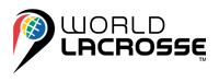 The World Lacrosse logo features a stylised black and red lacrosse stick head enclosing a blue globe with green, yellow, and white grid lines, beside the words "WORLD LACROSSE" in black capital letters