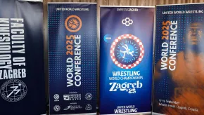 Four vertical banners displayed side by side at an event. The event details note the conference will take place 17–19 September 2025 at the Westin Hotel in Zagreb, Croatia.