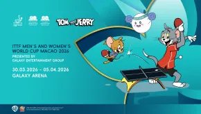 Promotional graphic for the ITTF Men’s and Women’s World Cup Macao 2026 featuring Tom and Jerry playing table tennis. Event details include dates 30 March to 5 April 2026 at Galaxy Arena, with ITTF logos displayed on a teal background.