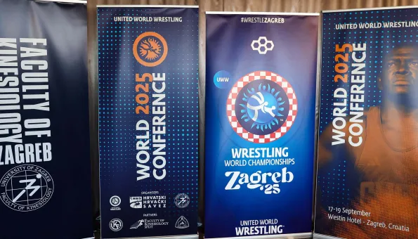 Four vertical banners displayed side by side at an event. The event details note the conference will take place 17–19 September 2025 at the Westin Hotel in Zagreb, Croatia.