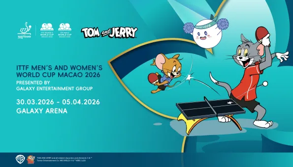 Promotional graphic for the ITTF Men’s and Women’s World Cup Macao 2026 featuring Tom and Jerry playing table tennis. Event details include dates 30 March to 5 April 2026 at Galaxy Arena, with ITTF logos displayed on a teal background.