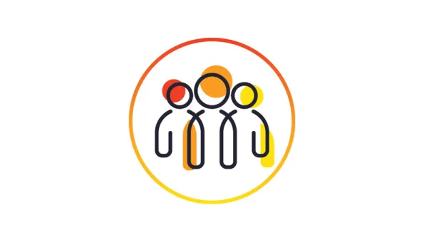 Circular icon of three diverse figures side by side, in red, orange, and yellow, representing diversity