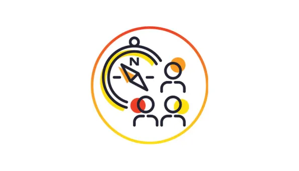 Circular icon with a compass and three people, representing guidance, leadership, and strategic direction.