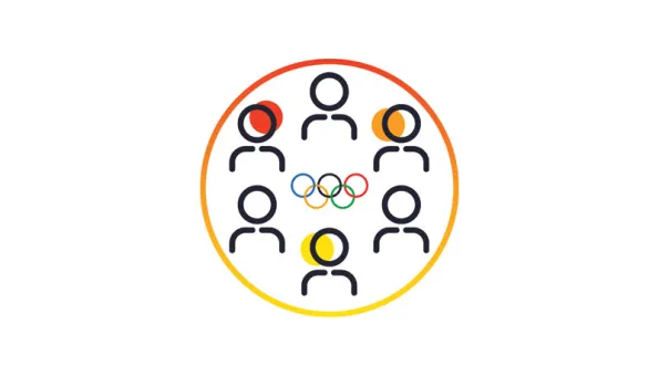 Circular icon showing five people around the Olympic rings, representing collaboration within the Olympic Games community.